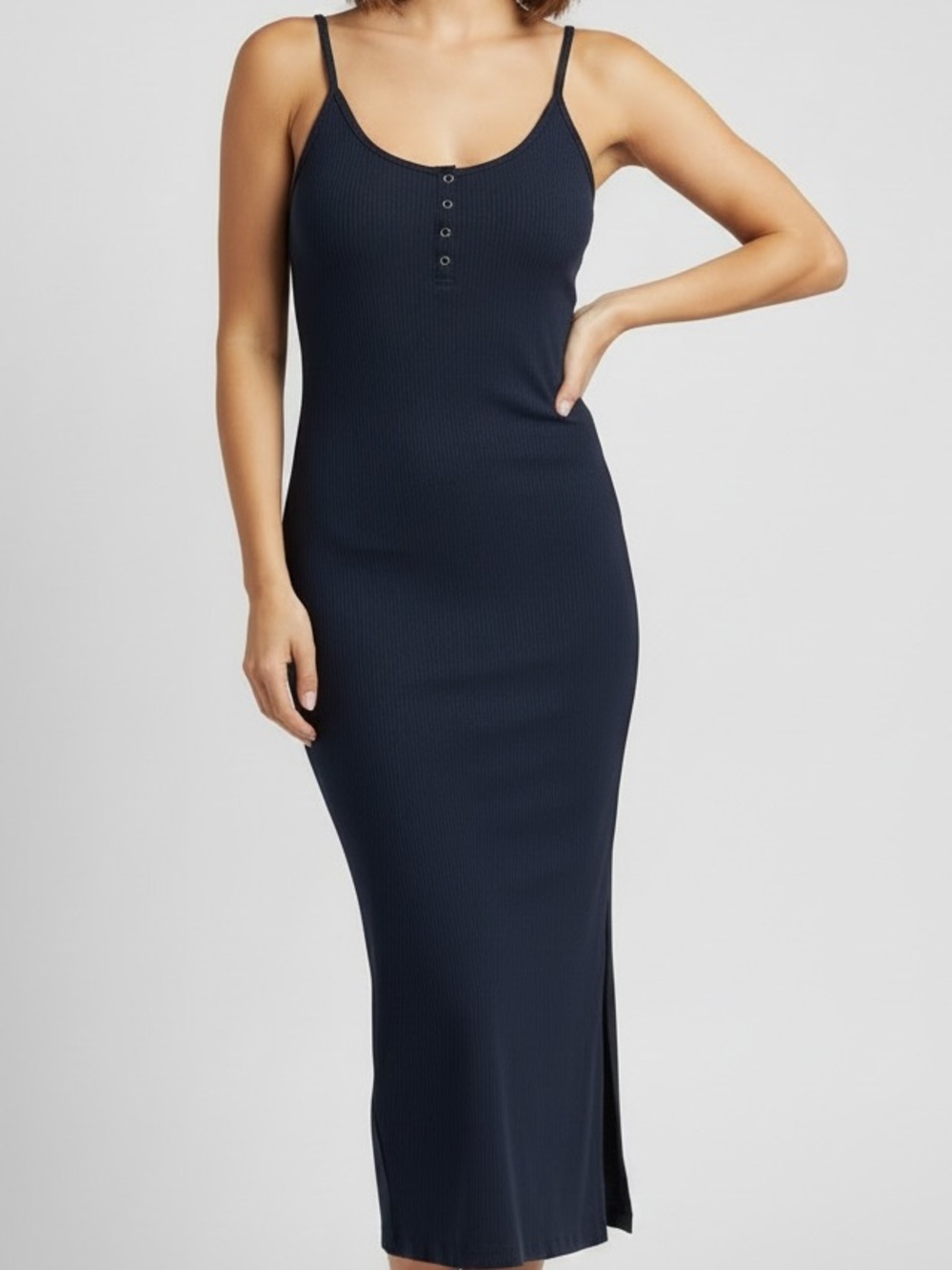 Sleeveless Ribbed Navy Midi Dress with Front Button Detail